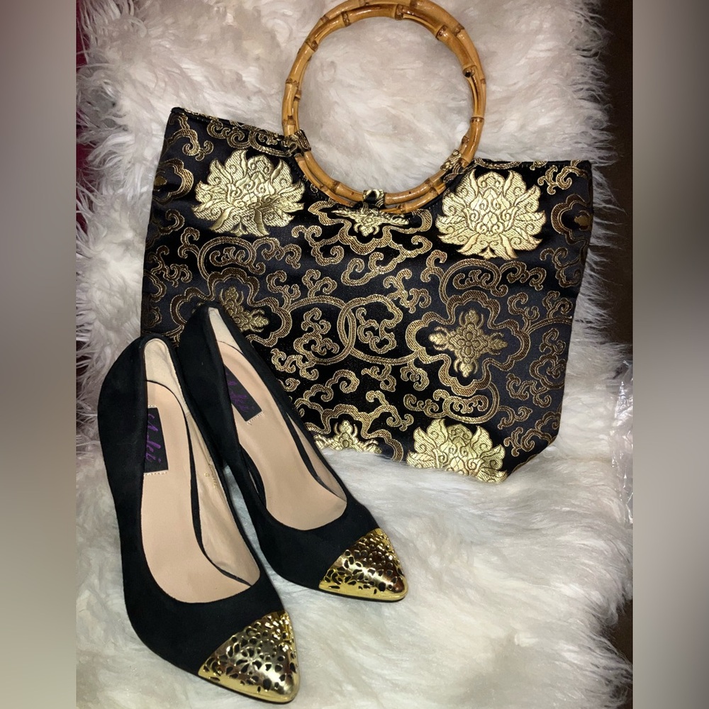 YOKI Goldie Black Velvet heeled pump with Gold toe and bag set